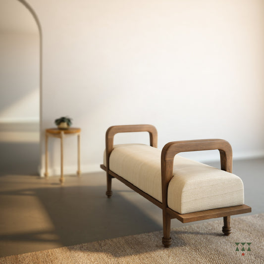A sculpted long wooden bench upholstered in beige silk, tinted in Mocha Brown with a Beet Red accent