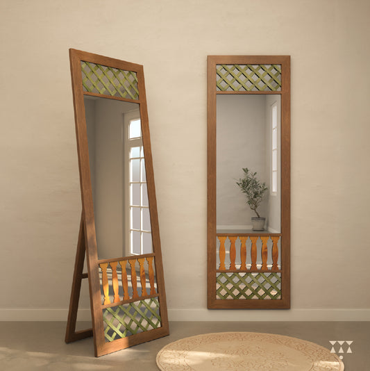 Wooden full-length mirror with a stand and trellis patterns tinted in Mocha Brown with Mustard Yellow & Moringa Green accents
