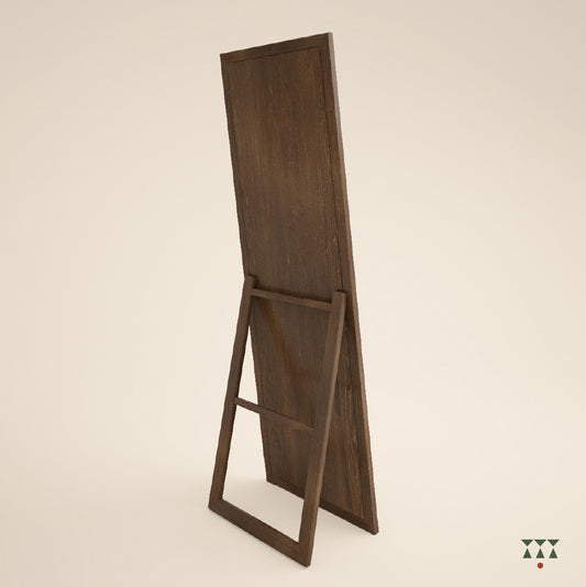 The back of a full-length wooden mirror with a stand, tinted in Mocha Brown