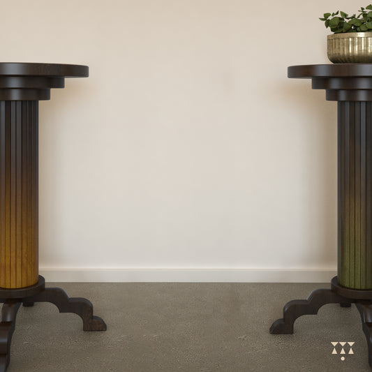 2 solid wood tables with a round top and scalloped legs tinted in Mocha Brown with a Moringa Green and Mustard Yellow accent