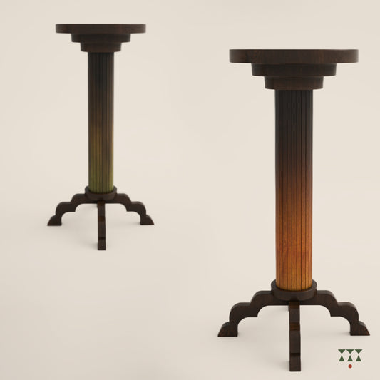 2 solid wood tables with a round top and scalloped legs tinted in Mocha Brown with a Moringa Green and Mustard Yellow accent