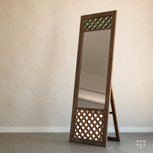 Wooden full-length mirror with a stand and trellis patterns tinted in Mocha Brown with Mustard Yellow & Moringa Green accents