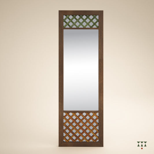Wooden full-length mirror with a stand and trellis patterns tinted in Mocha Brown with Mustard Yellow & Moringa Green accents