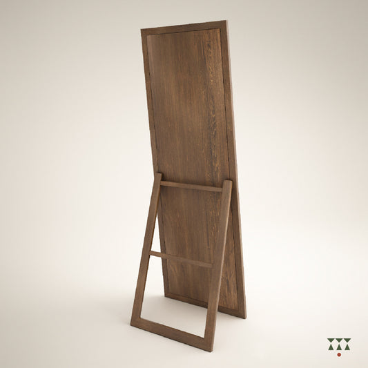 The back of a full-length wooden mirror with a stand, tinted in Mocha Brown