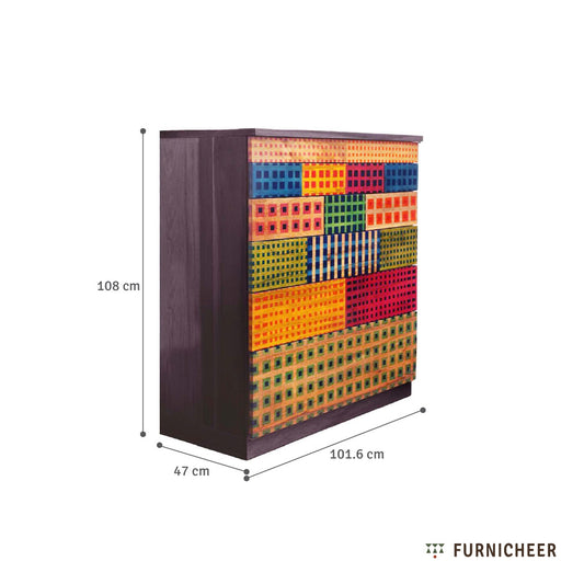 Multicolored patterned chext of drawers with dimensions and Furnicheer branding