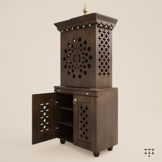 A tall wooden mandir with doors, pure brass elements, cutwork designs and storage, tinted in mocha brown