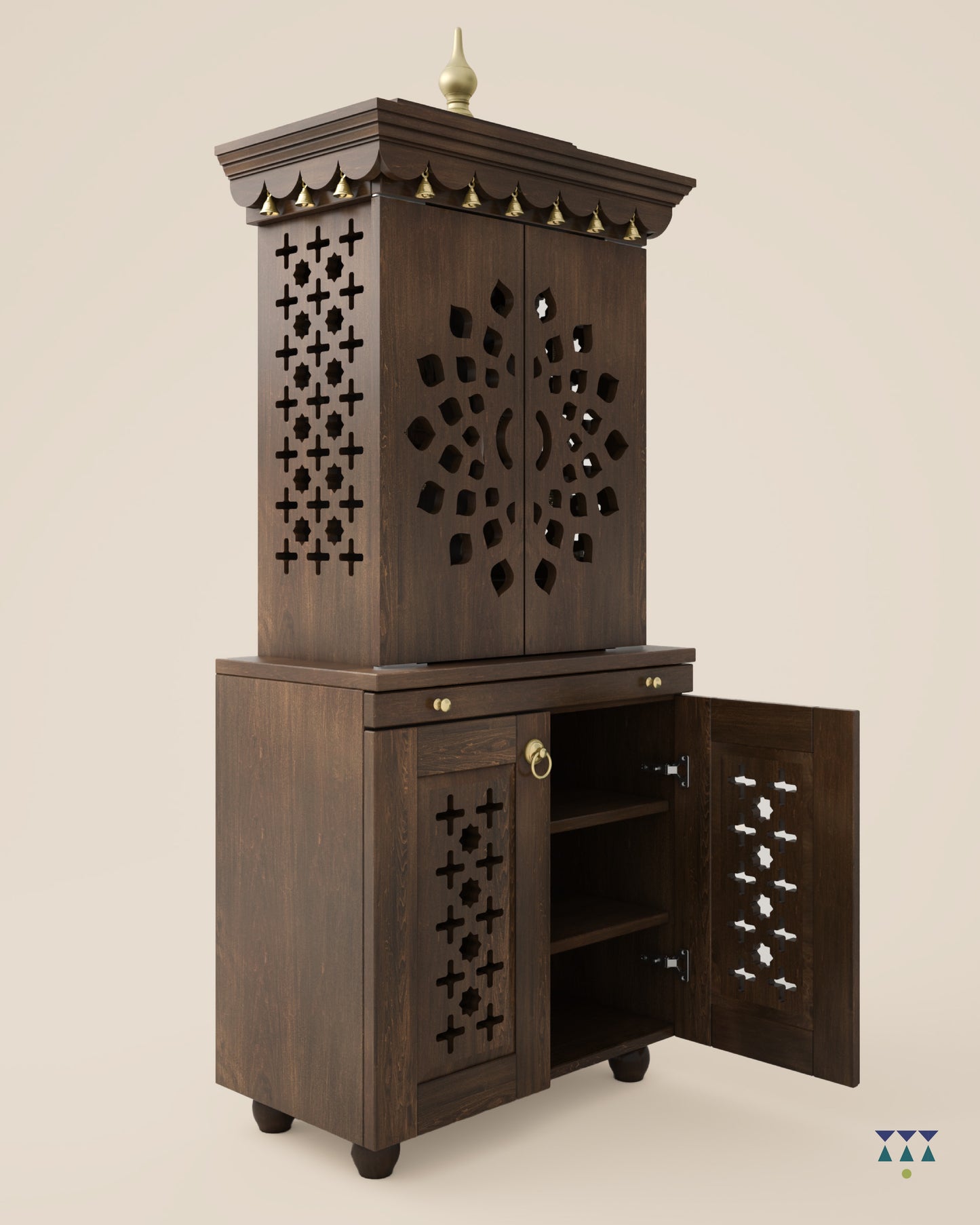 MORYA - Beautiful Free Standing Puja Mandapam with Doors & Brass Accents
