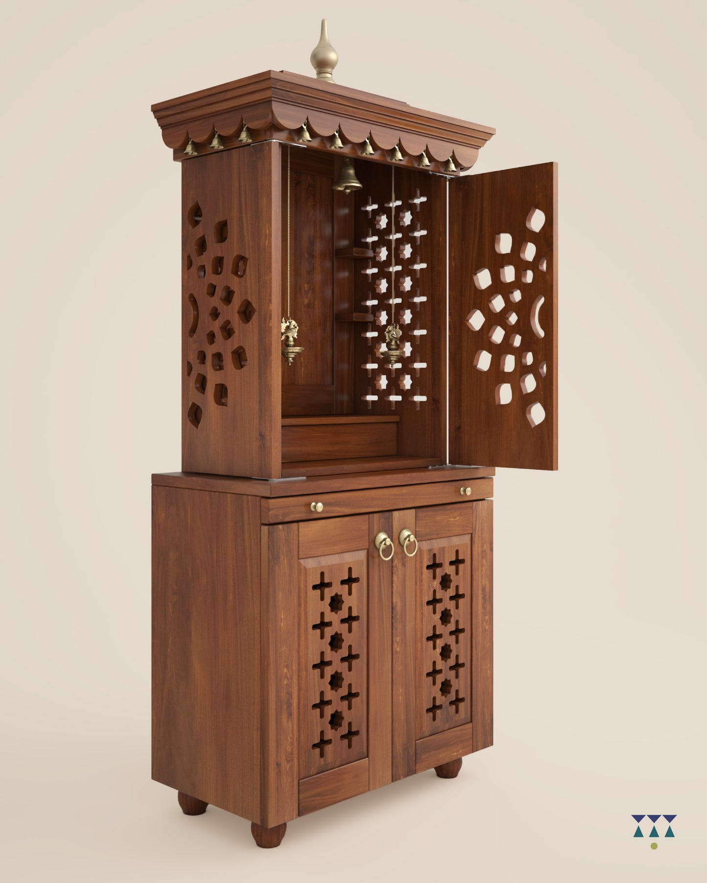 MORYA - Beautiful Free Standing Puja Mandapam with Doors & Brass Accents