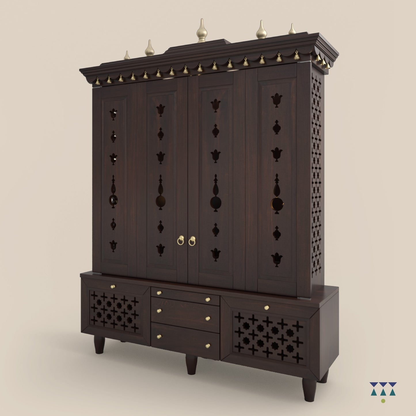 MAHESHAYA -Traditional Indian wooden Hindu temple for home | Large handcrafted pooja mandir with gold accents perfect for rituals
