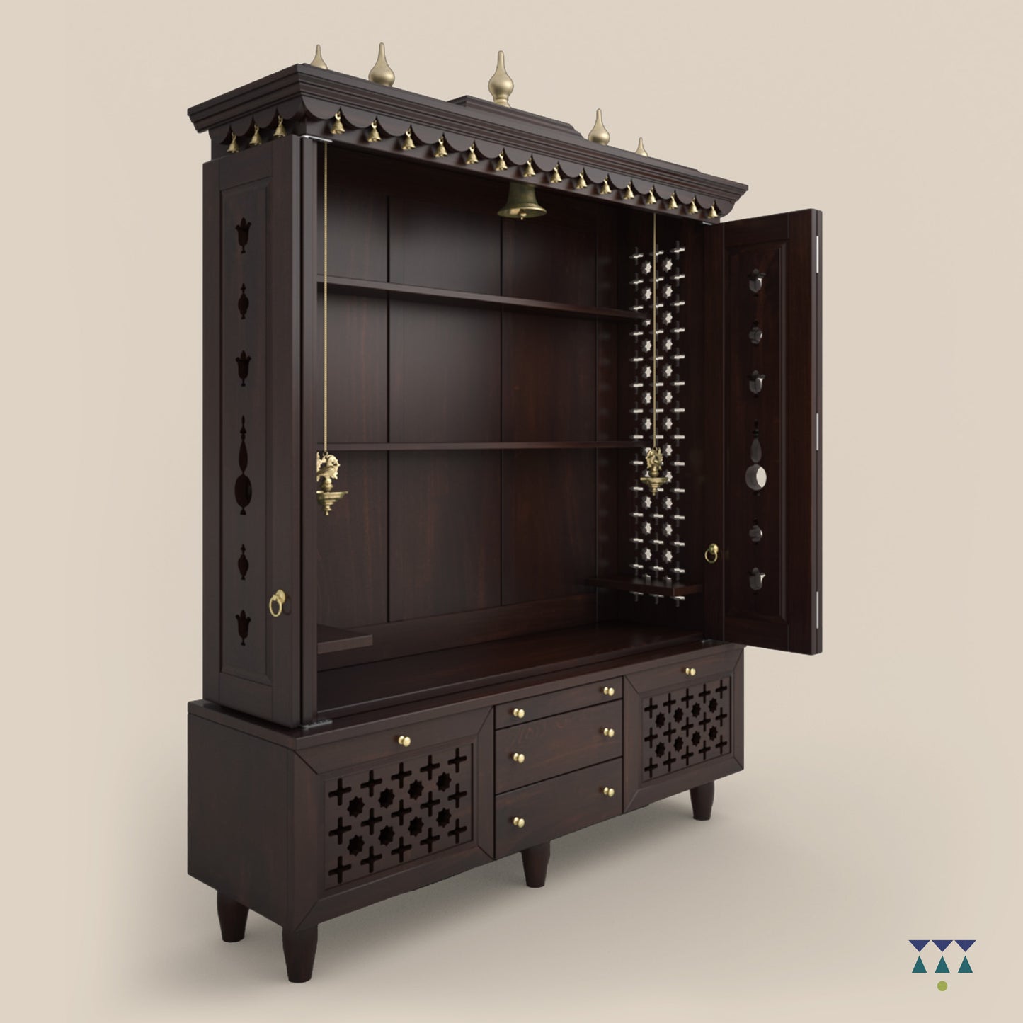 MAHESHAYA -Traditional Indian wooden Hindu temple for home | Large handcrafted pooja mandir with gold accents perfect for rituals