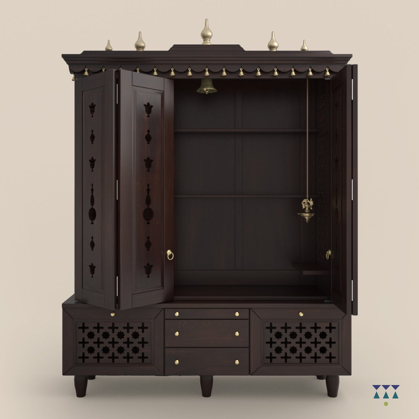 MAHESHAYA -Traditional Indian wooden Hindu temple for home | Large handcrafted pooja mandir with gold accents perfect for rituals