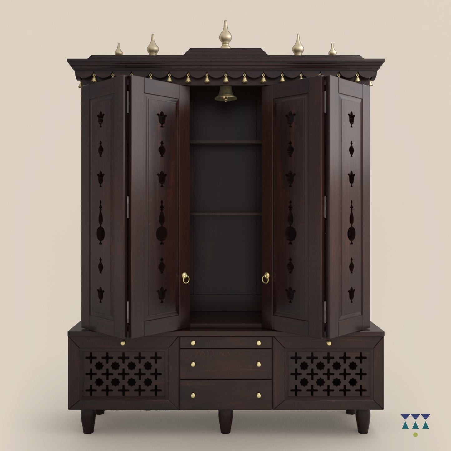 MAHESHAYA -Traditional Indian wooden Hindu temple for home | Large handcrafted pooja mandir with gold accents perfect for rituals