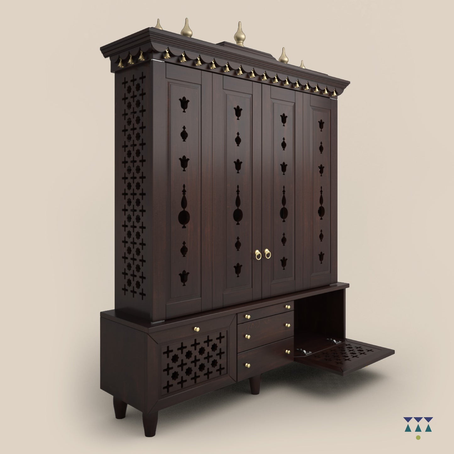 MAHESHAYA -Traditional Indian wooden Hindu temple for home | Large handcrafted pooja mandir with gold accents perfect for rituals