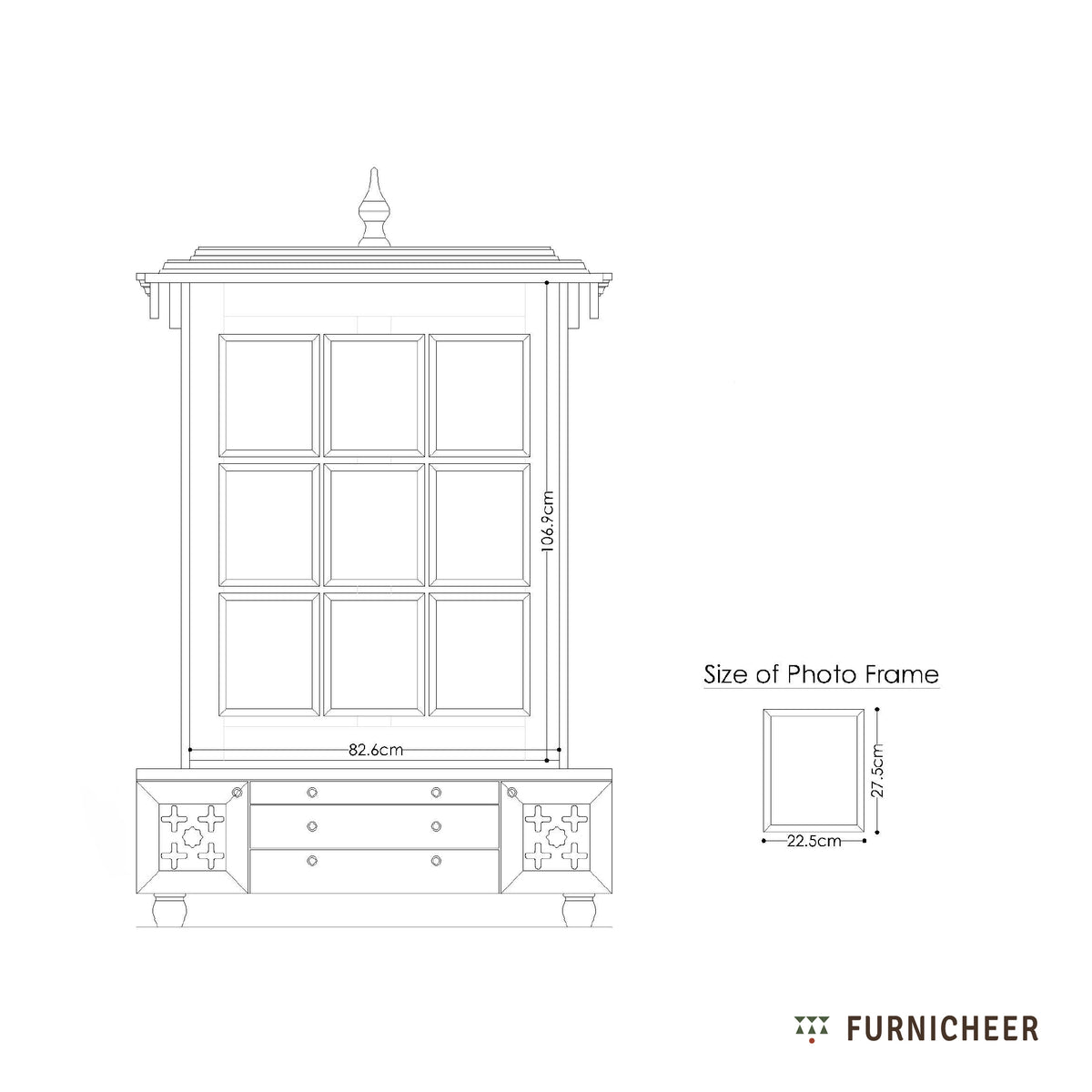 Technical drawing of a piece of furniture with dimensions labeled, featuring the brand 'Furnicheer'.