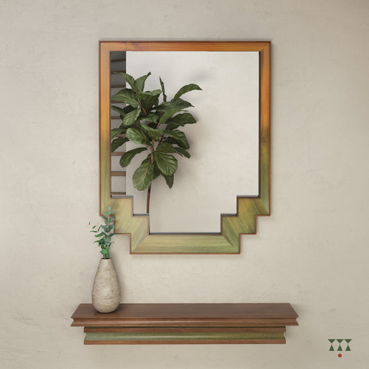 Large mirror framed in solid wood with bottom edges in a step pattern tinted in Mustard Yellow, Moringa Green & Mocha Brown