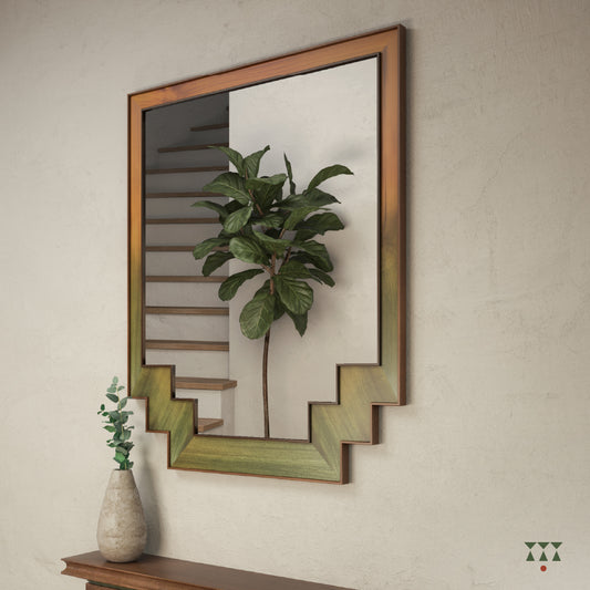 Large mirror framed in solid wood with bottom edges in a step pattern tinted in Mustard Yellow, Moringa Green & Mocha Brown