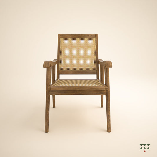 Solid wood armchair with a woven back and seat tinted in desert brown