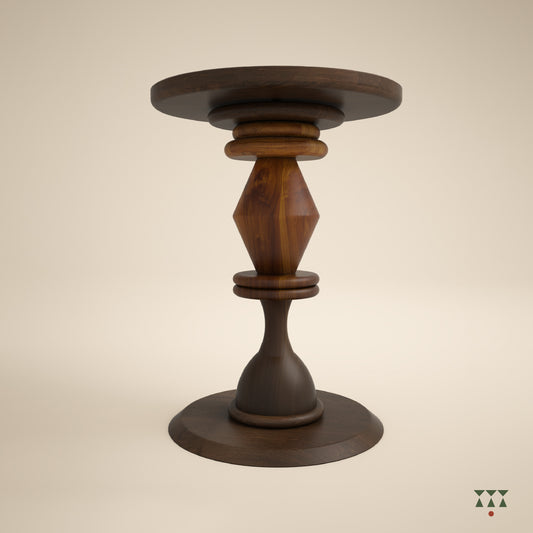 A solid wood side table with a circular top and a sculptural body tinted in Mocha Brown with a Mustard Yellow accent