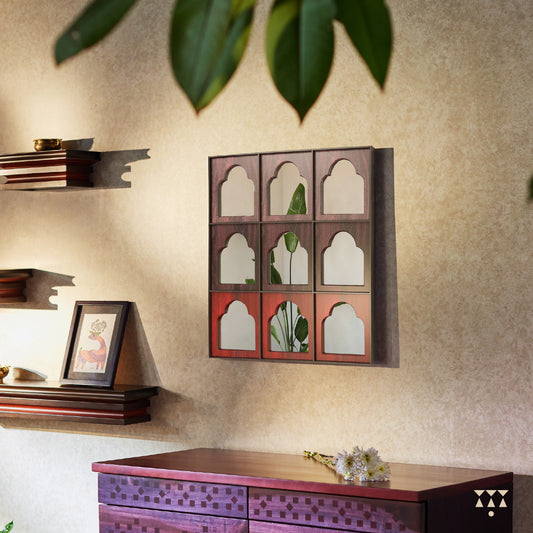 Large mirror with 9 window arches framed in solid wood, tinted in jamun purple & beet red