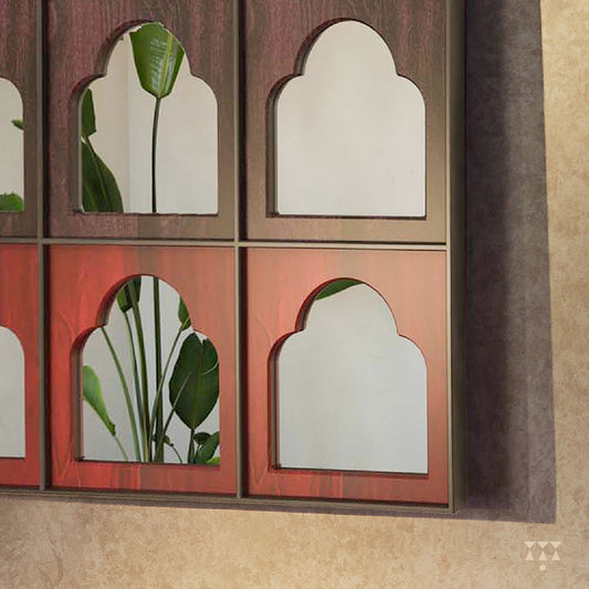 Large mirror with 9 window arches framed in solid wood, tinted in jamun purple & beet red