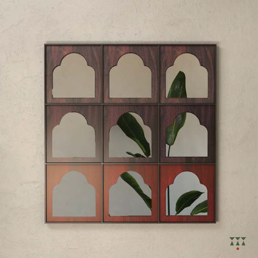 Large mirror with 9 window arches framed in solid wood, tinted in jamun purple & beet red