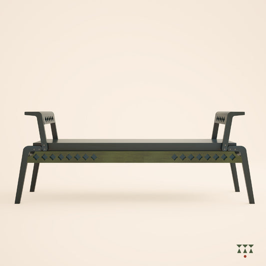 A solid wood bench that blends sharp geometry and cutwork with soft edges, tinted in Deep Blue with Moringa Green accent