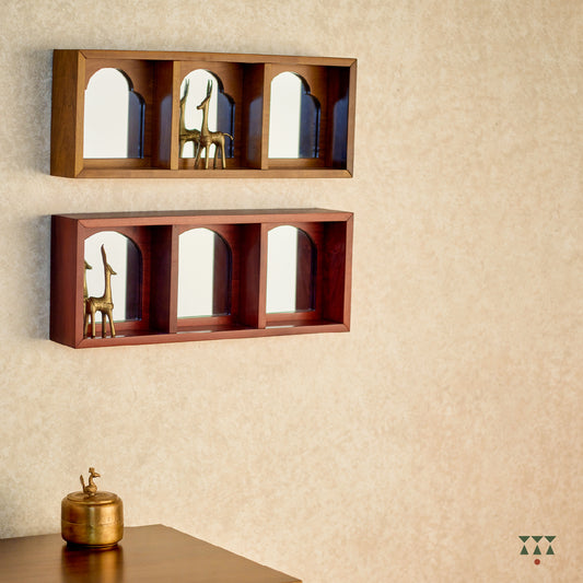Set of 2 solid wood framed mirror cubbies, each with unique arch shapes tinted in mustard yellow & saffron orange