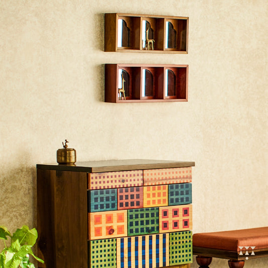 Set of 2 solid wood framed mirror cubbies, each with unique arch shapes tinted in mustard yellow & saffron orange