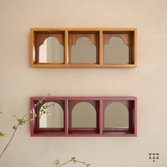 Set of 2 solid wood framed mirror cubbies, each with unique arch shapes tinted in mustard yellow & saffron orange