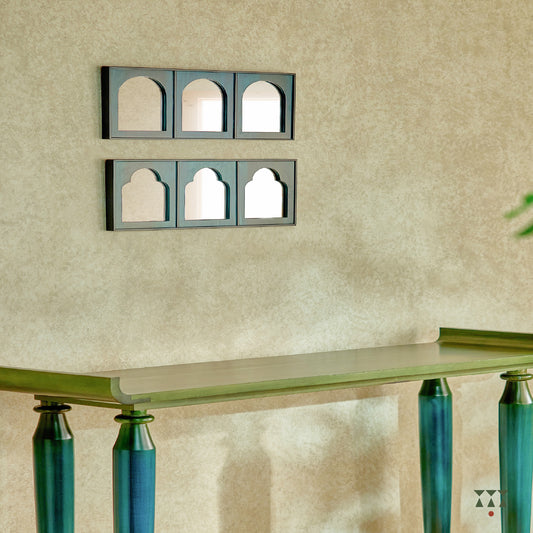 Set of 2 solid wood framed mirrors, each with unique arch shapes tinted in lagoon blue and slate black