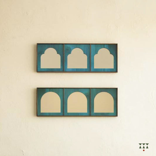 Set of 2 solid wood framed mirrors, each with unique arch shapes tinted in lagoon blue and slate black