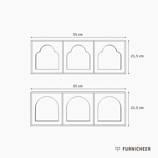 Line drawing of a set of 2 solid wood framed mirrors, each with unique arch shapes with dimensions