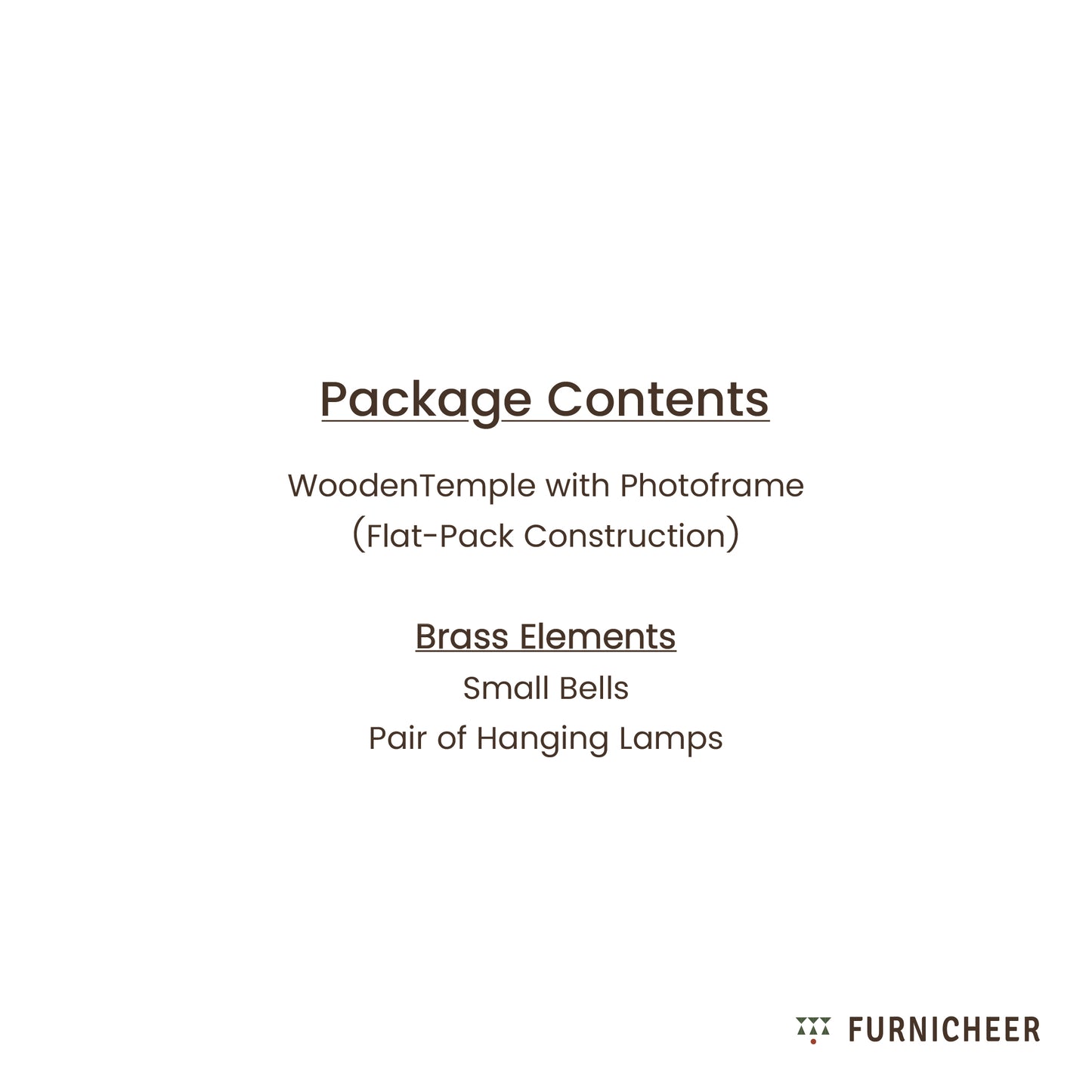 List of package contents including a wooden temple with photo frame and pure brass elements