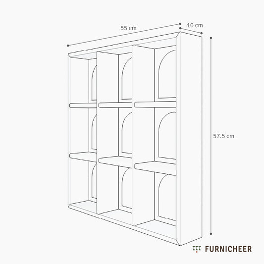Line drawing of a solid wood mirror with 9 cubbies and mirrors framed with arch shapes and dimensions