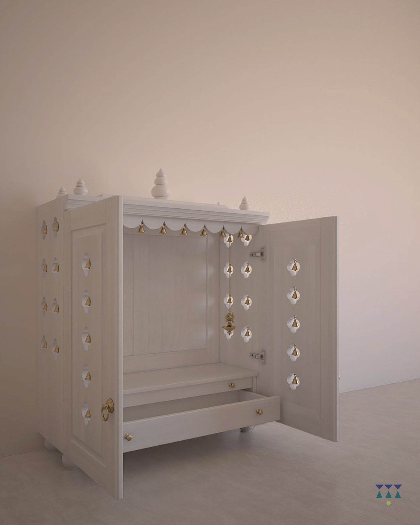 OJAS - Sustainable Solid Wood Table Mount Pooja Mandir for Home with Door with A Slide-Out Tray and Enhanced with Pure Brass Knobs & Bells