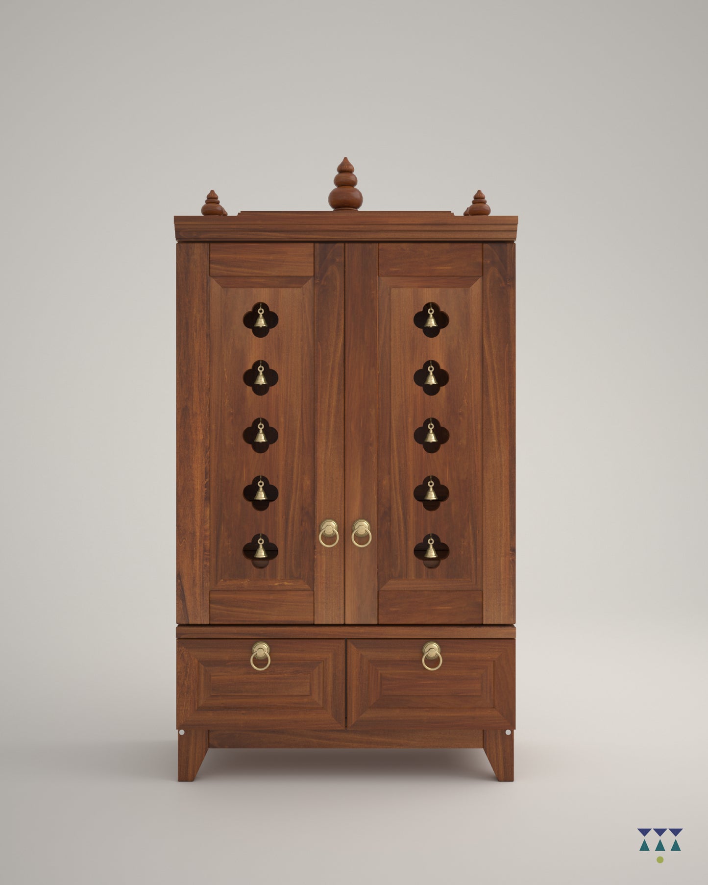 OMKARA - Solid Wood Handcrafted Free-Standing Temple for Home with Door in Cherry Brown PU Finish Accessorized with Brass Bells & Brass Lamps