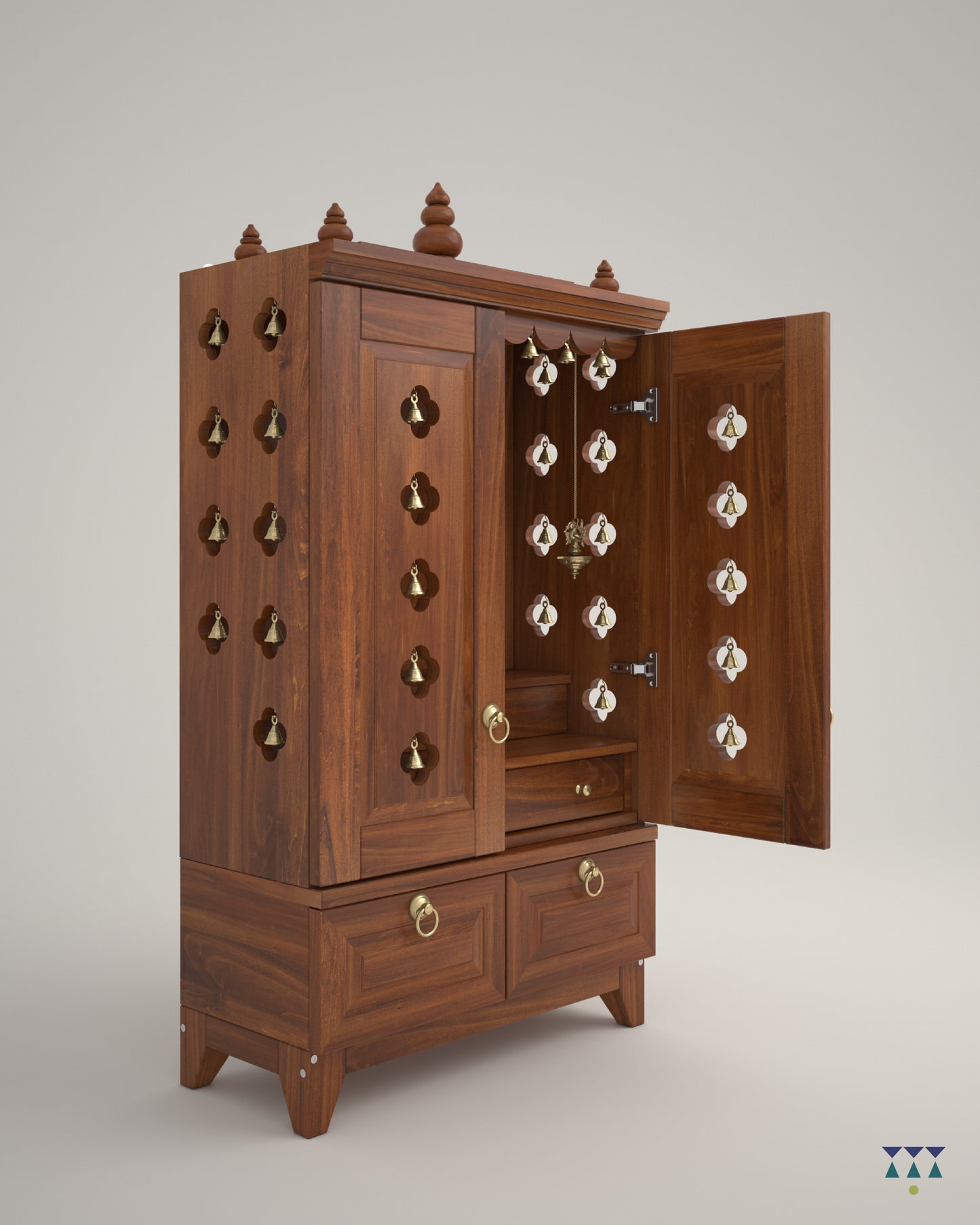 OMKARA - Solid Wood Handcrafted Free-Standing Temple for Home with Door in Cherry Brown PU Finish Accessorized with Brass Bells & Brass Lamps