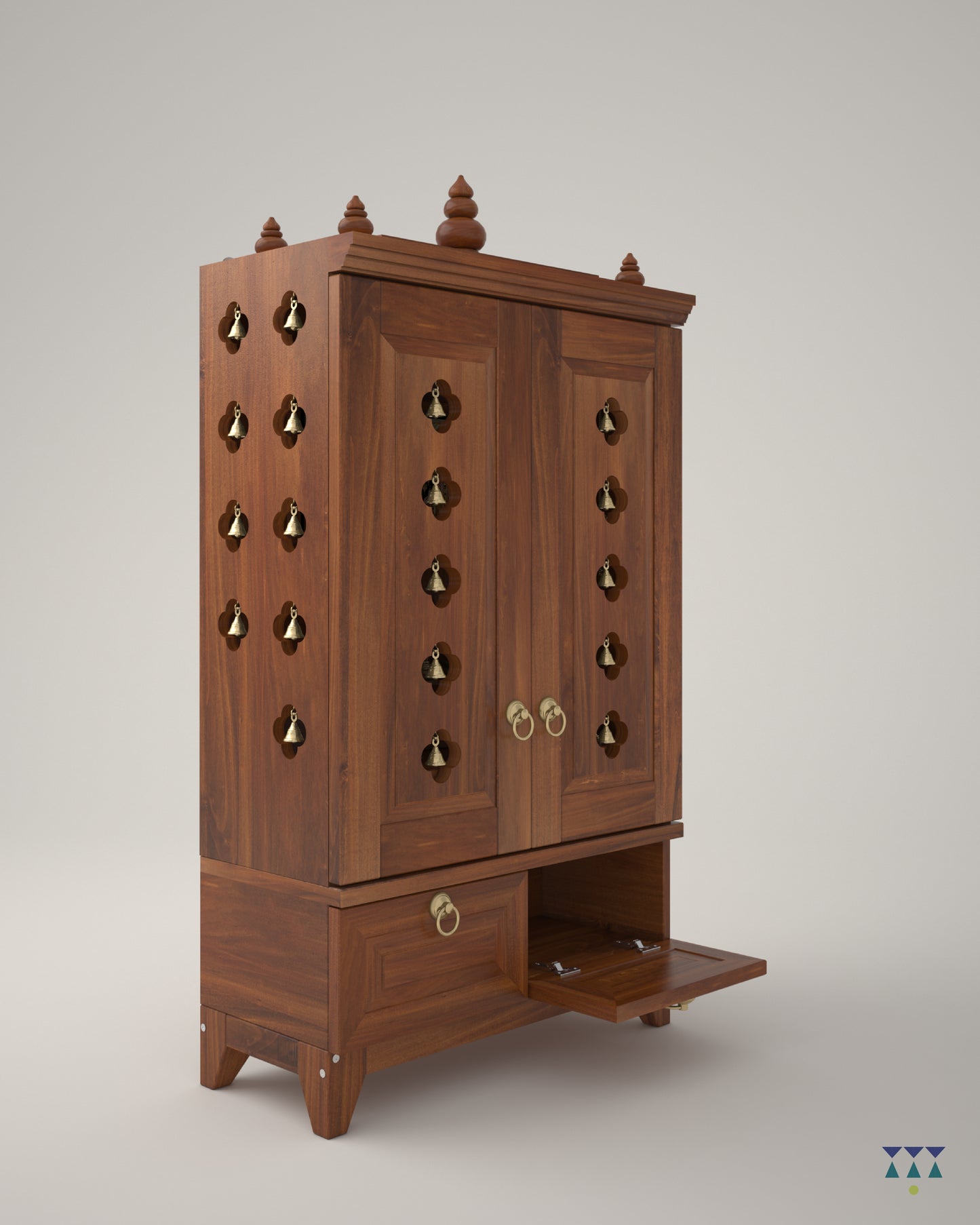 OMKARA - Solid Wood Handcrafted Free-Standing Temple for Home with Door in Cherry Brown PU Finish Accessorized with Brass Bells & Brass Lamps