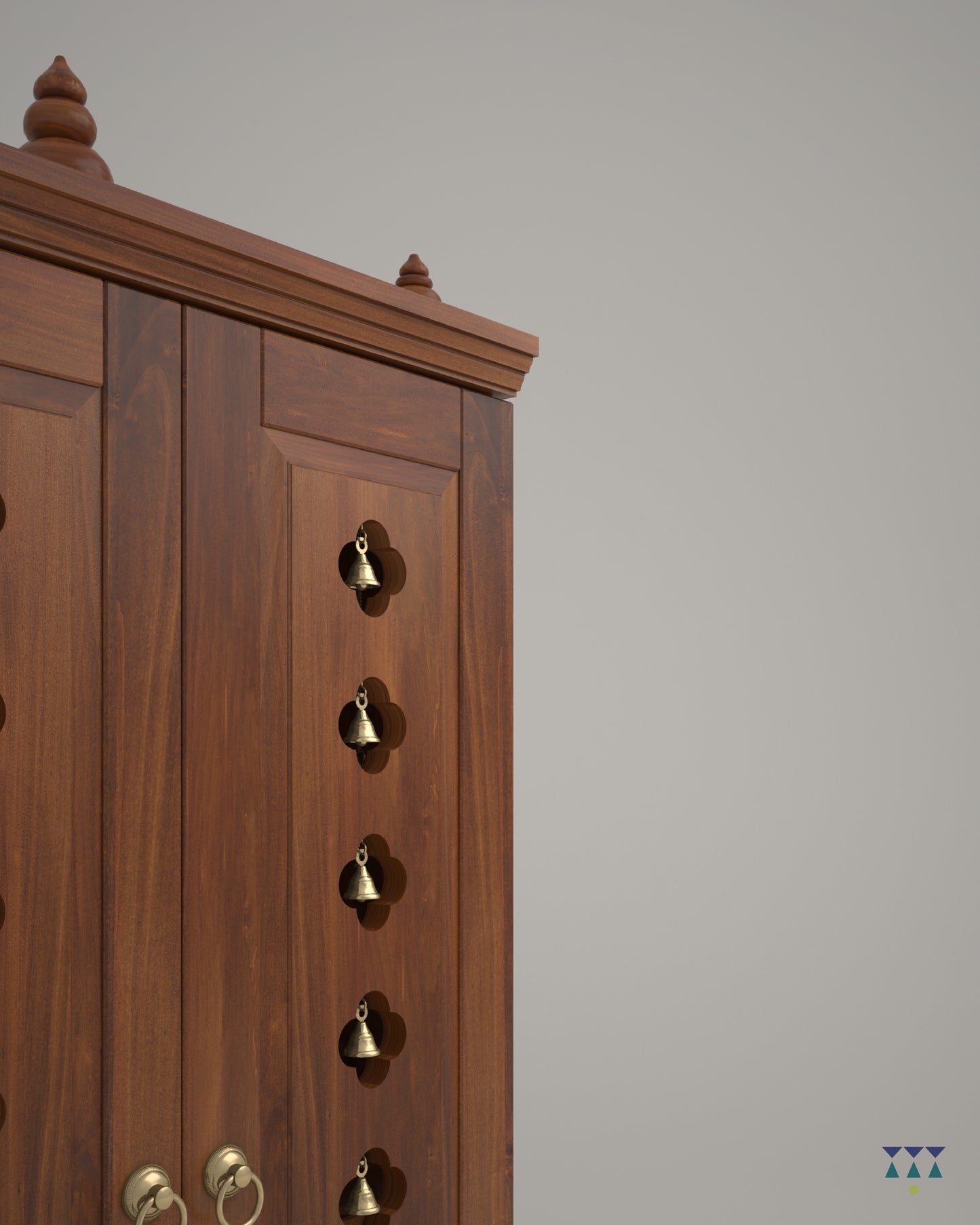 OMKARA - Solid Wood Handcrafted Free-Standing Temple for Home with Door in Cherry Brown PU Finish Accessorized with Brass Bells & Brass Lamps