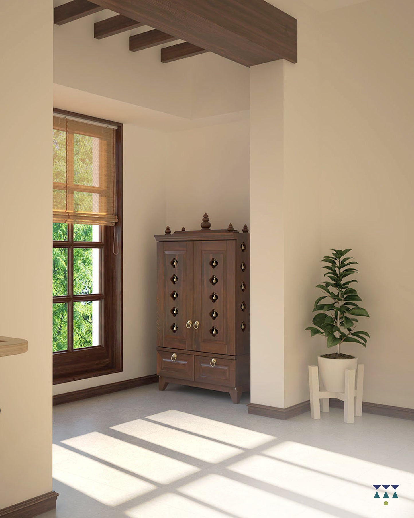 OMKARA - Solid Wood Handcrafted Free-Standing Temple for Home with Door in Walnut Brown PU Finish Accessorized with Brass Bells & Brass Lamps