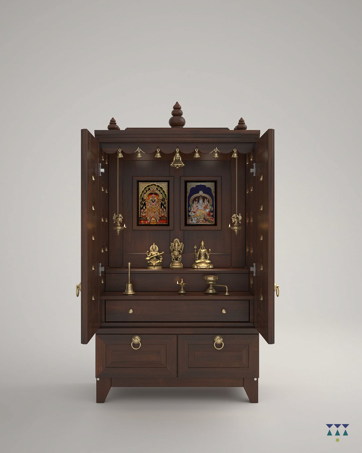 OMKARA - Solid Wood Handcrafted Free-Standing Temple for Home with Door in Walnut Brown PU Finish Accessorized with Brass Bells & Brass Lamps