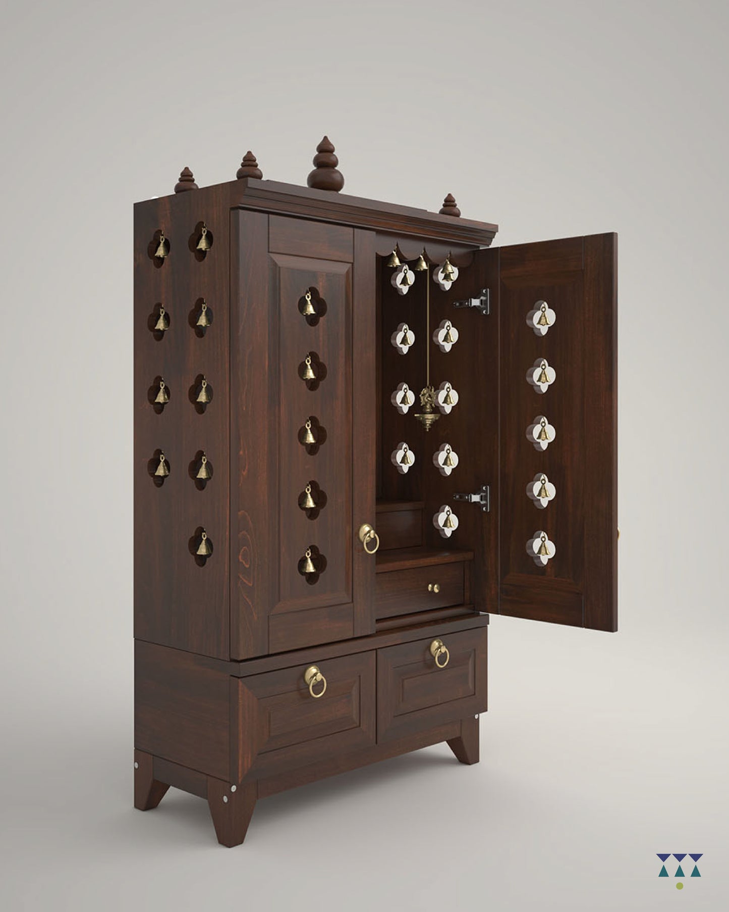 OMKARA - Solid Wood Handcrafted Free-Standing Temple for Home with Door in Walnut Brown PU Finish Accessorized with Brass Bells & Brass Lamps