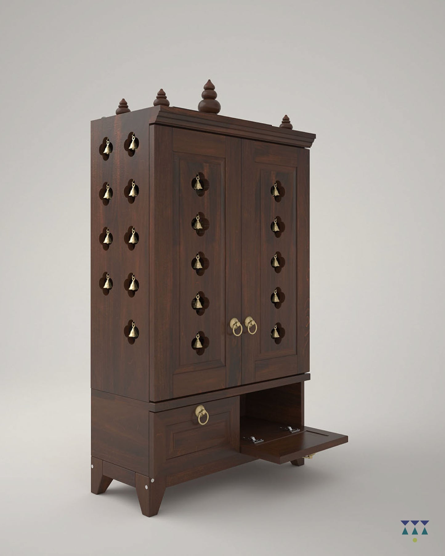OMKARA - Solid Wood Handcrafted Free-Standing Temple for Home with Door in Walnut Brown PU Finish Accessorized with Brass Bells & Brass Lamps