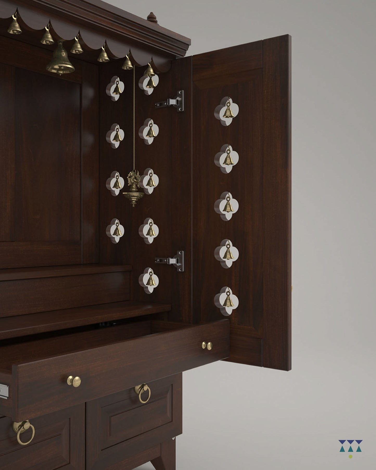 OMKARA - Solid Wood Handcrafted Free-Standing Temple for Home with Door in Walnut Brown PU Finish Accessorized with Brass Bells & Brass Lamps