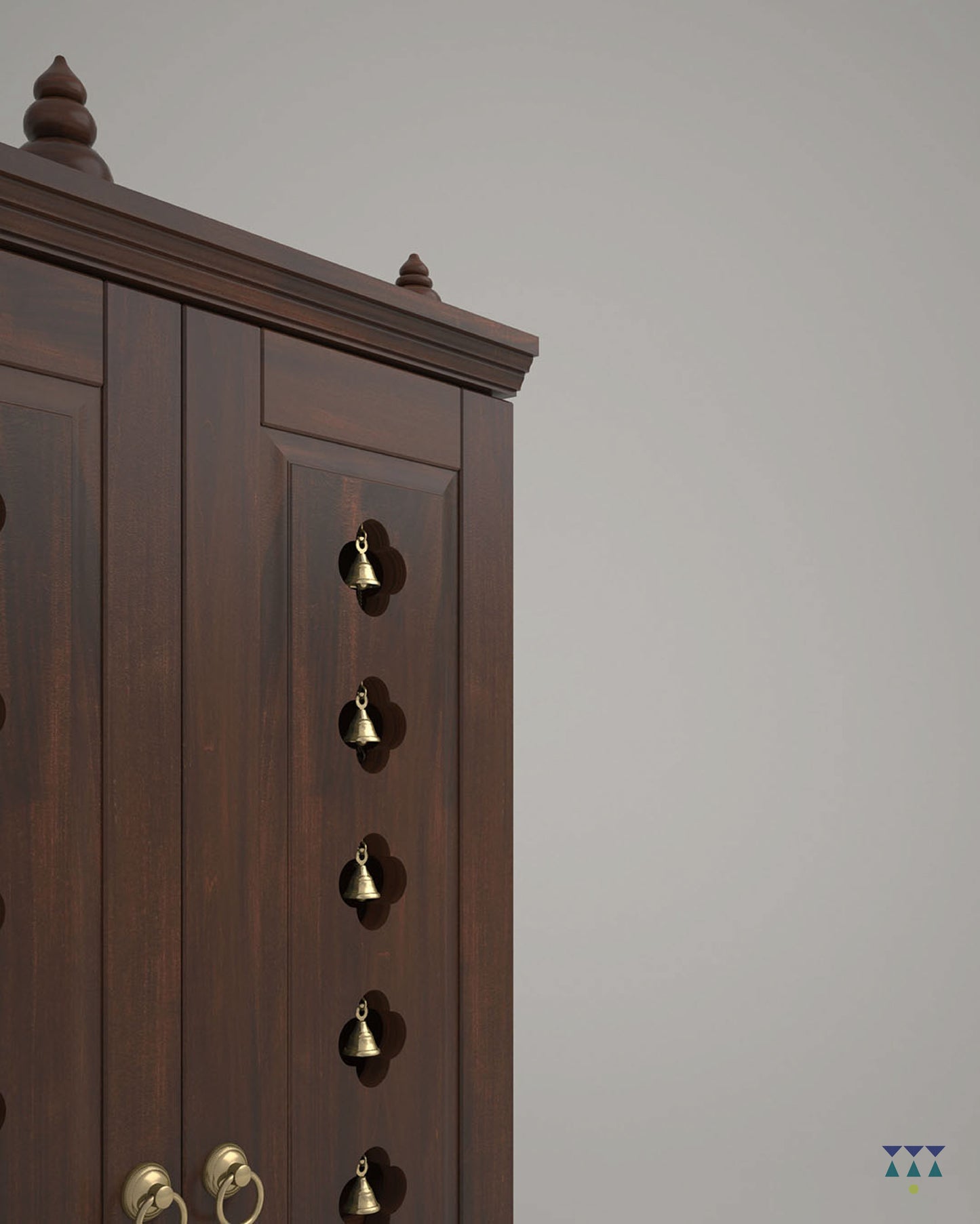 OMKARA - Solid Wood Handcrafted Free-Standing Temple for Home with Door in Walnut Brown PU Finish Accessorized with Brass Bells & Brass Lamps