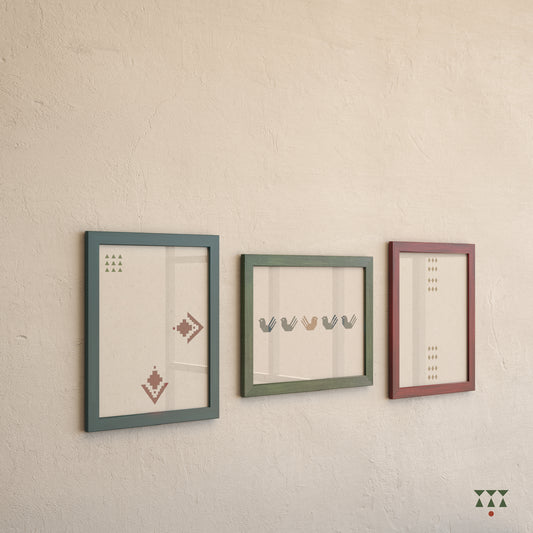 Set of 3 large wooden frames tinted in beet red, moringa green & lagoon blue