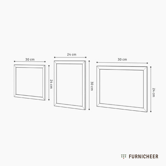 Line drawing of a set of 3 large wooden frames with dimensions