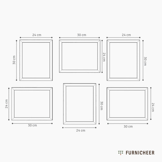 Line drawing of a set of 6 large wooden frames with dimensions