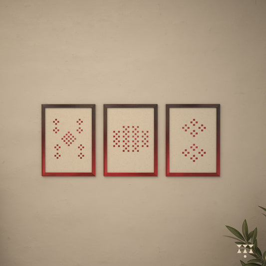 Set of 3 large wooden frames tinted in a gradation of jamun purple & beet red