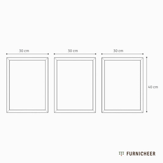 Line drawing of a set of 3 large wooden frames with dimensions, width 30cm and height 40cm